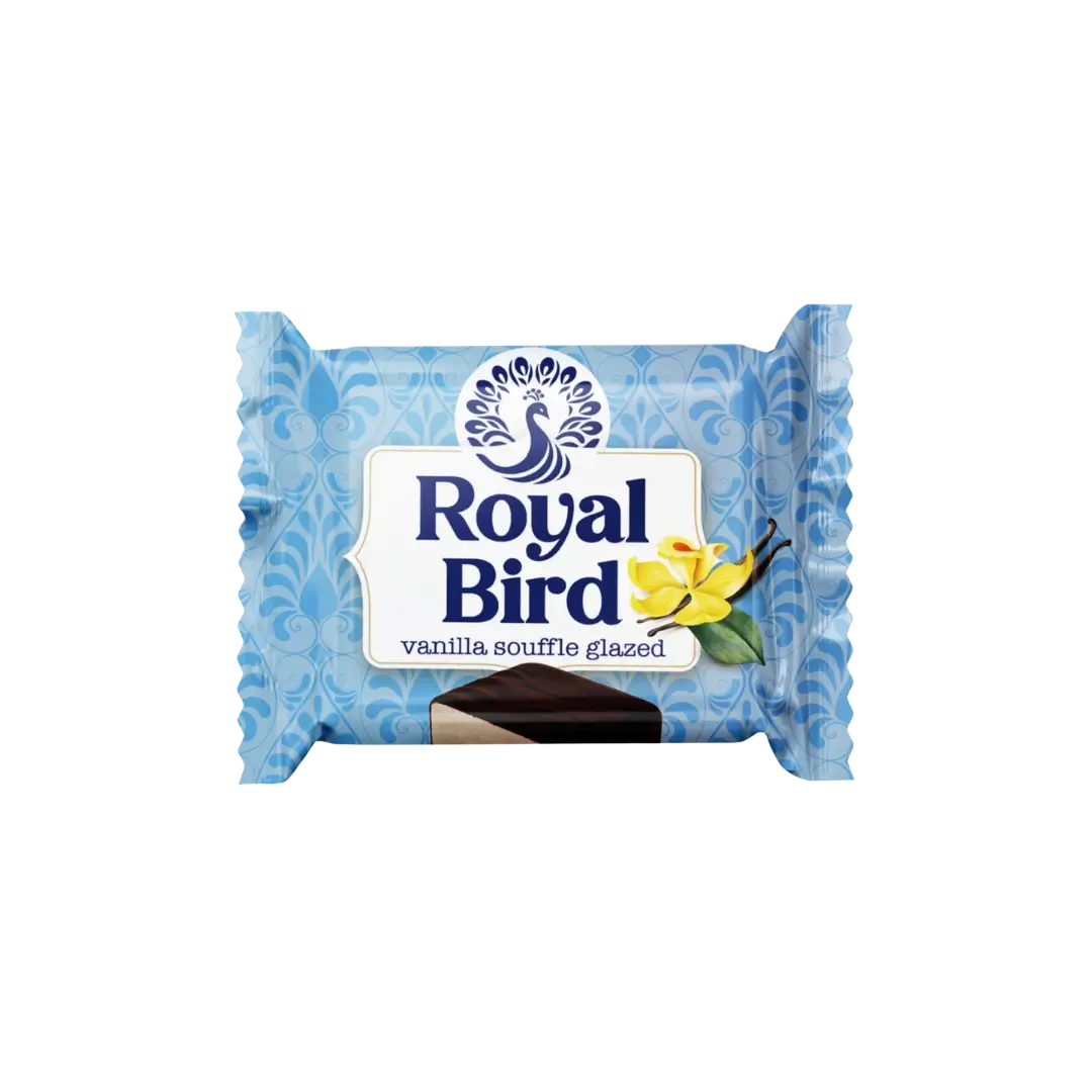 Sveriami bonboni saldainiai ROYAL BIRD vanilla souffle glazed, vanilinis paukščių pienas dengtas šokoladu