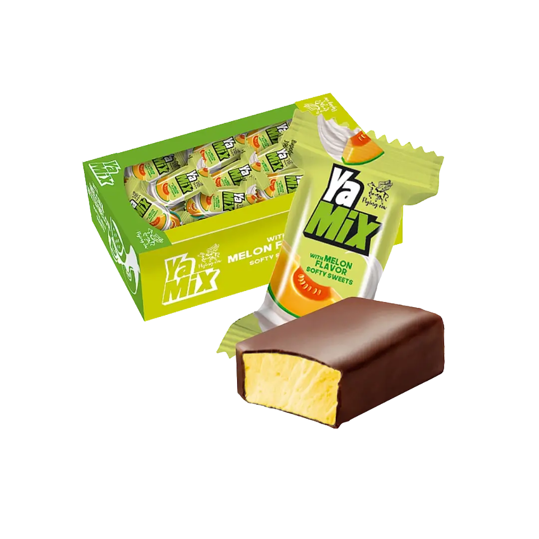 Sveriami bonboni saldainiai YA MIX AIM, melionių skonio želė saldainiai, dėžė su saldainiai