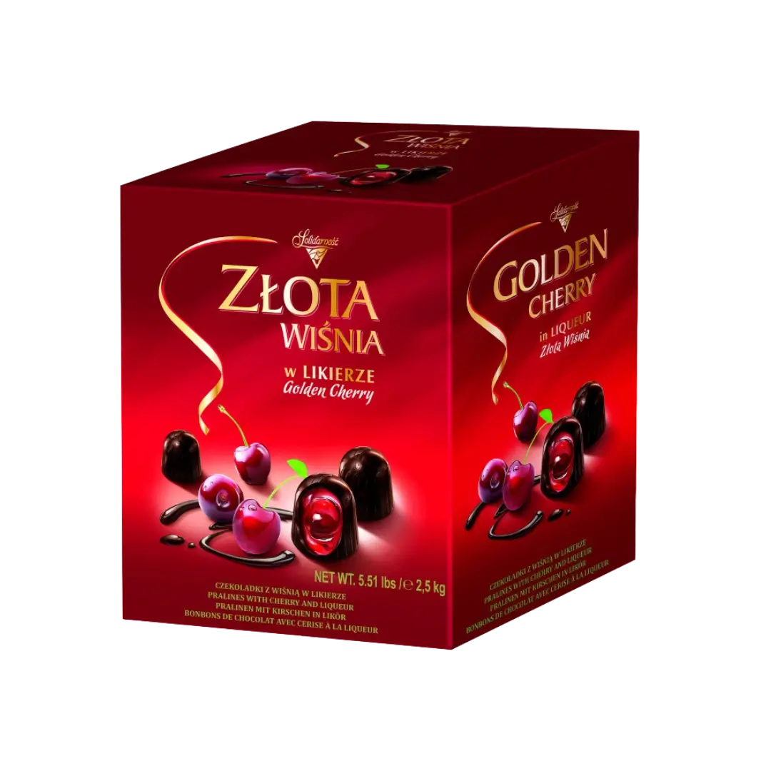 Šokoladiniai saldainiai Golden Cherry, SOLIDARNOSC, saldainių dėžė raudona, bonboni sveriami saldainiai