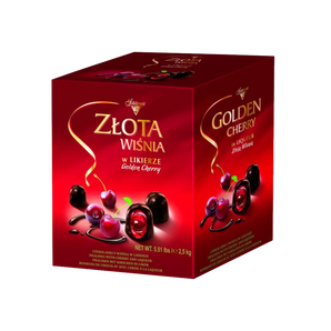 Šokoladiniai saldainiai Golden Cherry, SOLIDARNOSC, saldainių dėžė raudona, bonboni sveriami saldainiai