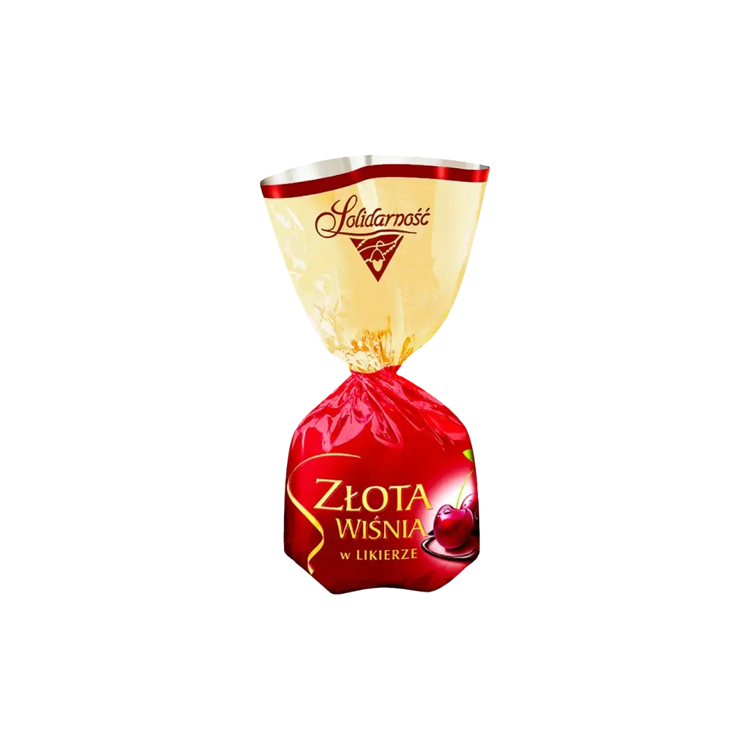 Šokoladiniai saldainiai Golden Cherry, SOLIDARNOSC, saldainis raudoname įpakavime, bonboni sveriami saldainiai