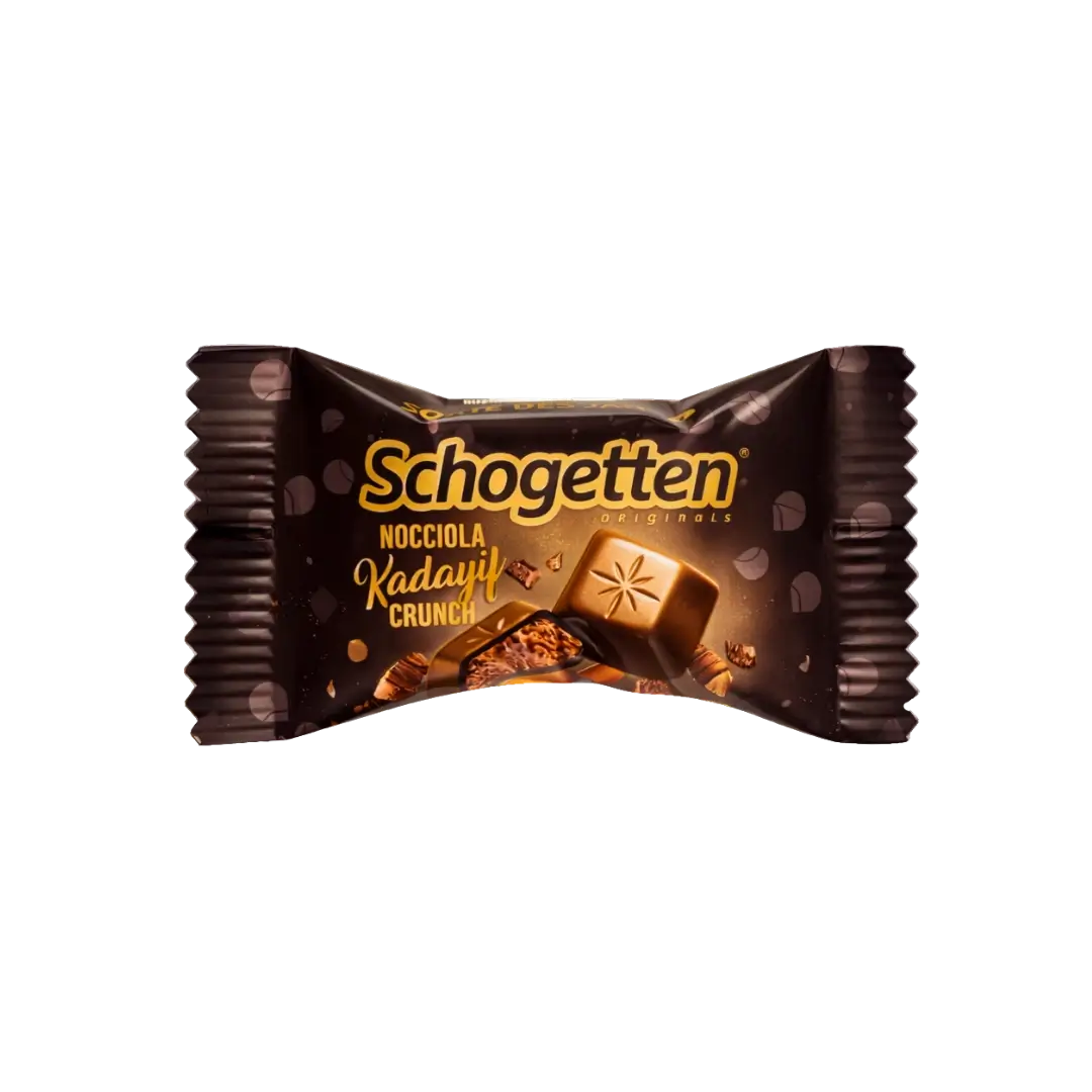 Šokoladiniai saldainiai su lazdyno riešutų kremo ir Kadayif tešlos įdaru SCHOGETTEN