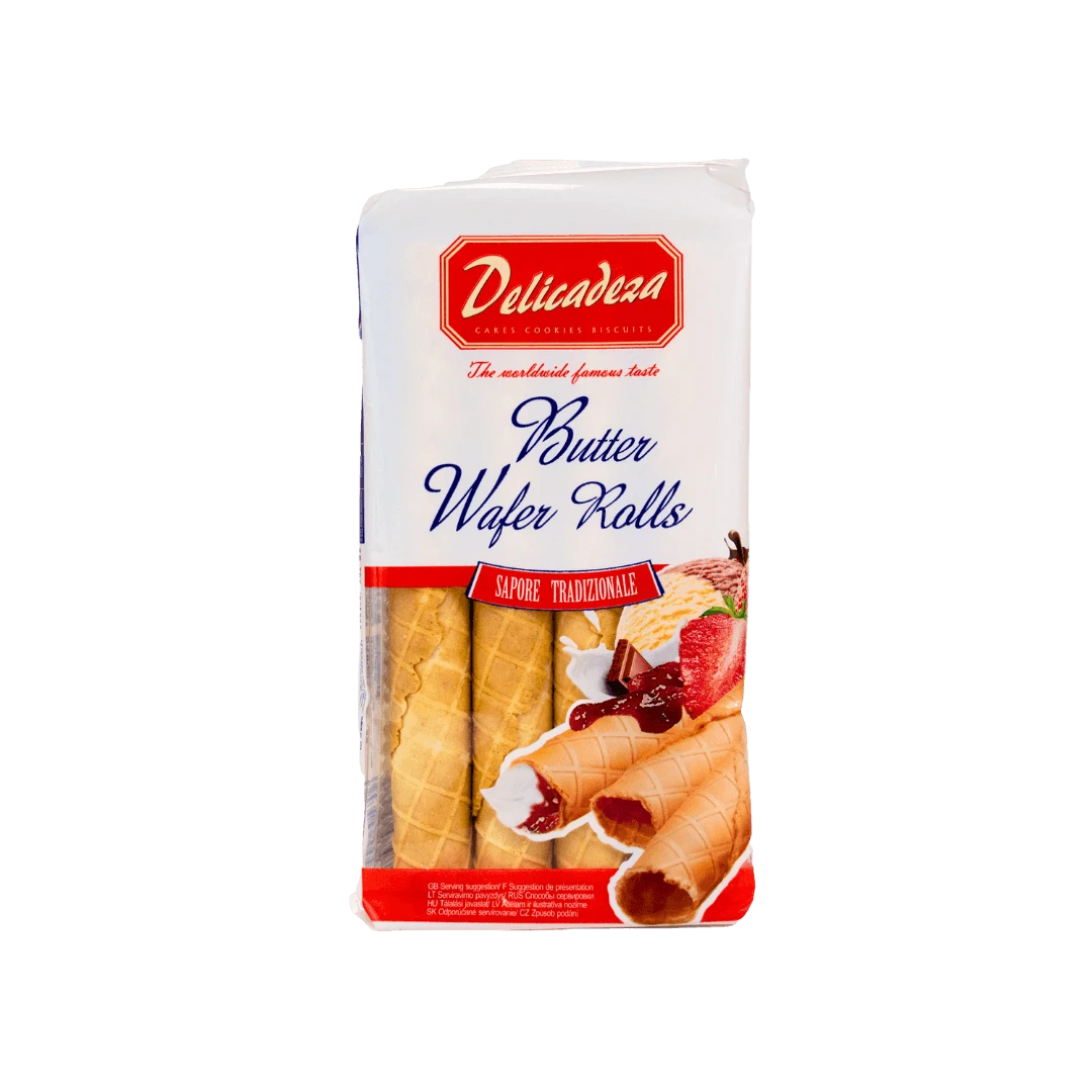 Delicadeza sviestiniai traškūs vafliniai vamzdeliai 100 g pakuotėje.