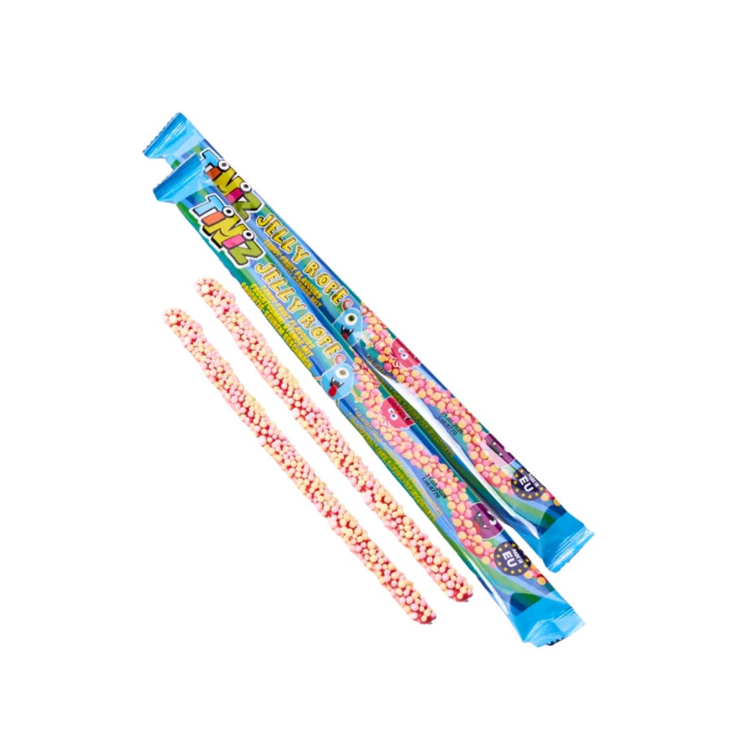 Tiniz guminukų virvutė su draže saldainiukais, 26 g, braškių ir citrinų skonio saldus užkandis.