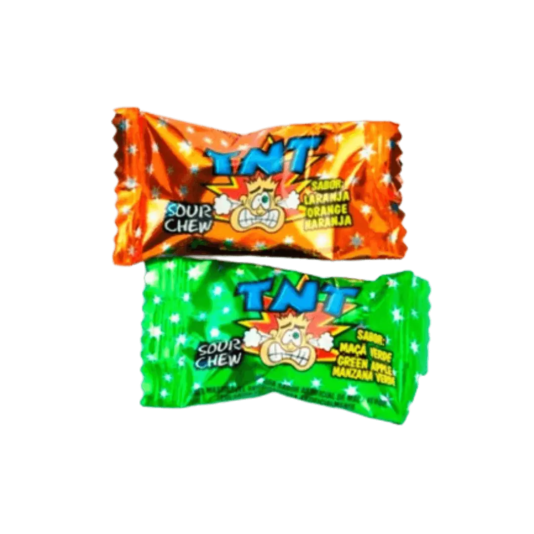 TNT kramtomi saldainiai su rūgščiu įdaru „Sour Chews“ – žaliojo obuolio ir apelsino skonio
