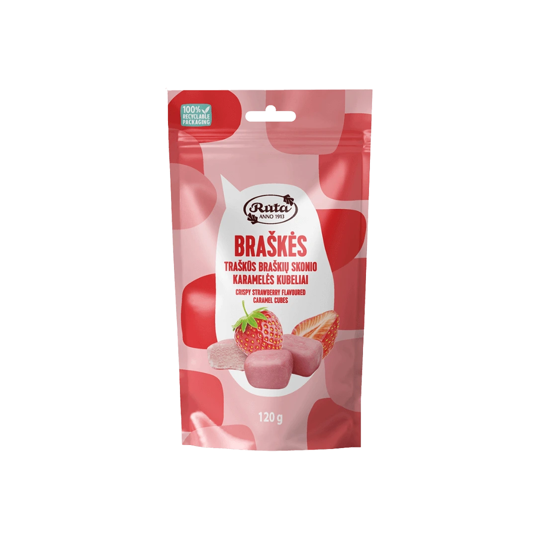 Traškūs braškių skonio karamelės kubeliai „Braškės“ pakuotėje, 120 g.