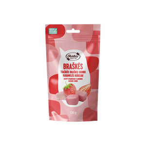 Traškūs braškių skonio karamelės kubeliai „Braškės“ pakuotėje, 120 g.