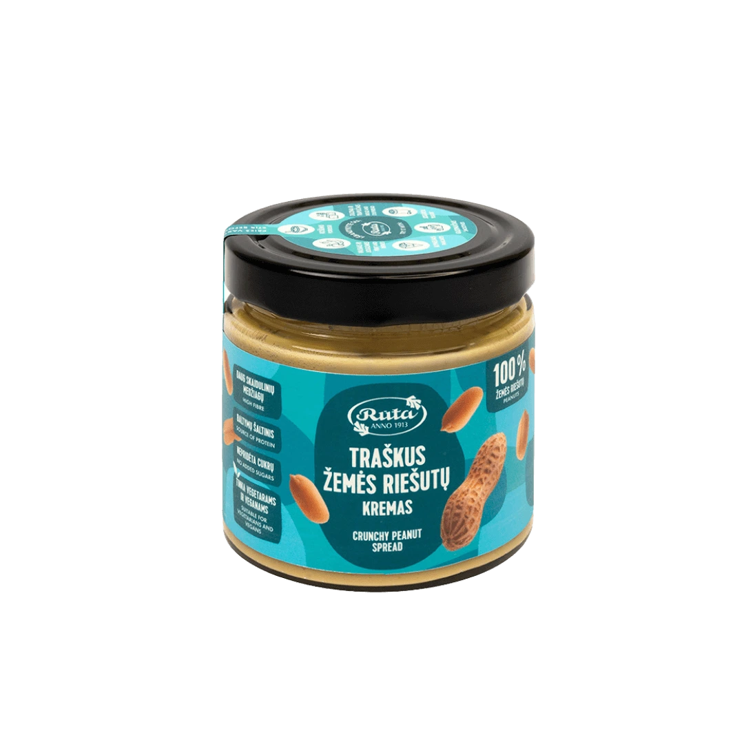 Traškus žemės riešutų kremas, 320 g indelis, be pridėtinio cukraus, tinkamas veganams.