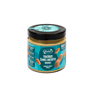 Traškus žemės riešutų kremas, 320 g indelis, be pridėtinio cukraus, tinkamas veganams.