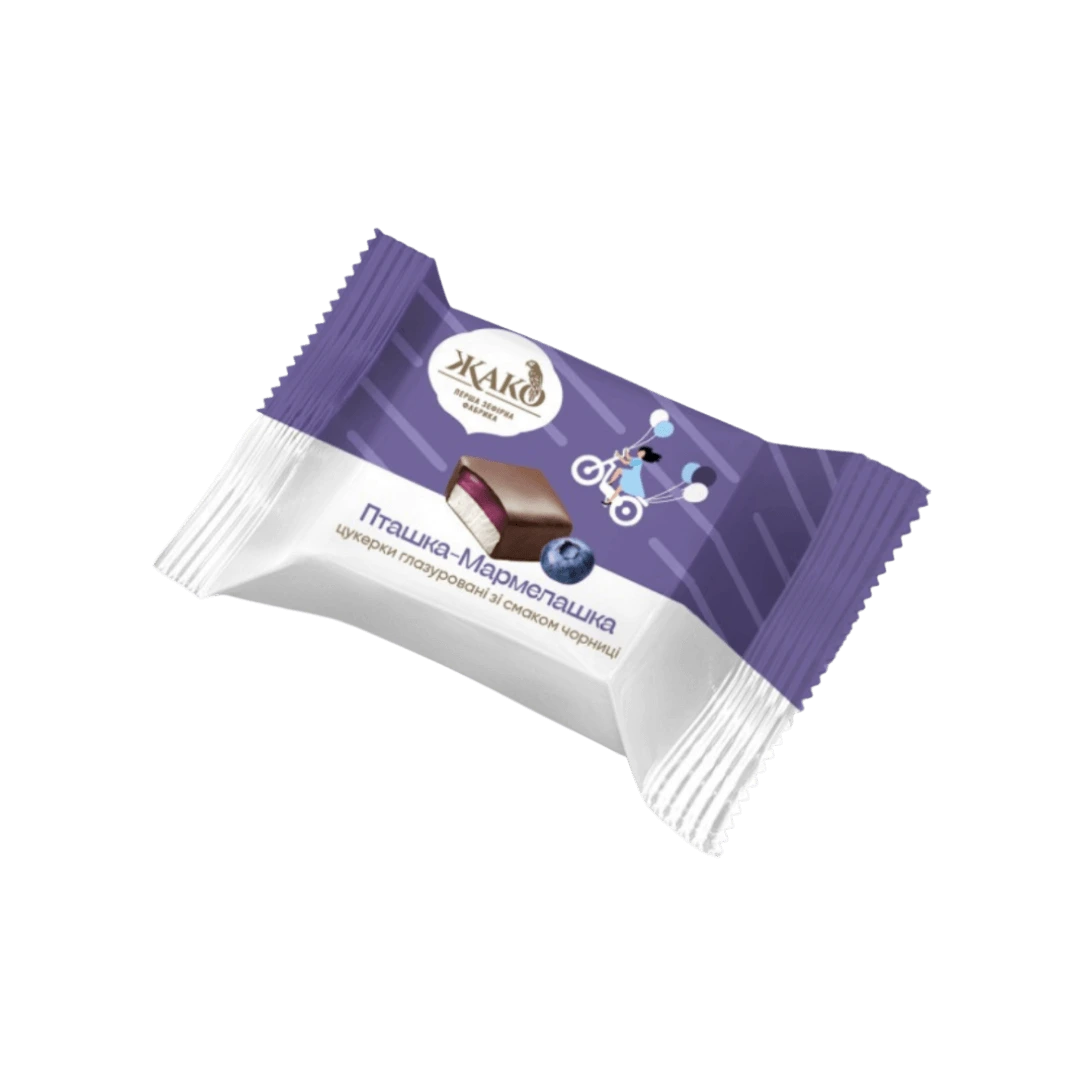 Ukrainietiški saldainiai PAUKŠČIŲ PIENAS su mėlynių marmeladu, ŽAKO