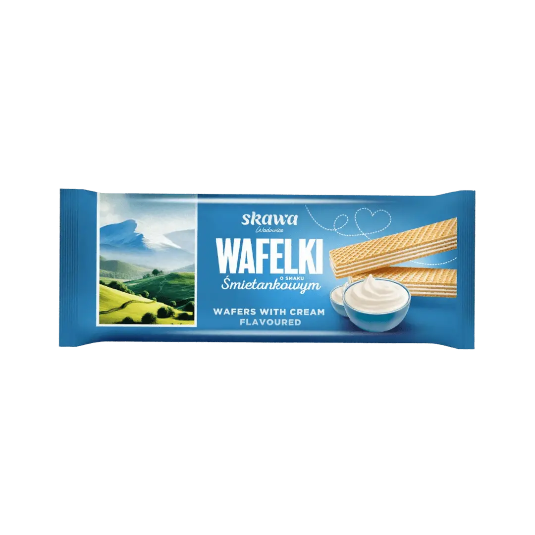 Skawa vafliai su grietinėlės skonio kremu, 180 g pakuotė, traškūs ir saldūs.