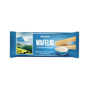 Skawa vafliai su grietinėlės skonio kremu, 180 g pakuotė, traškūs ir saldūs.
