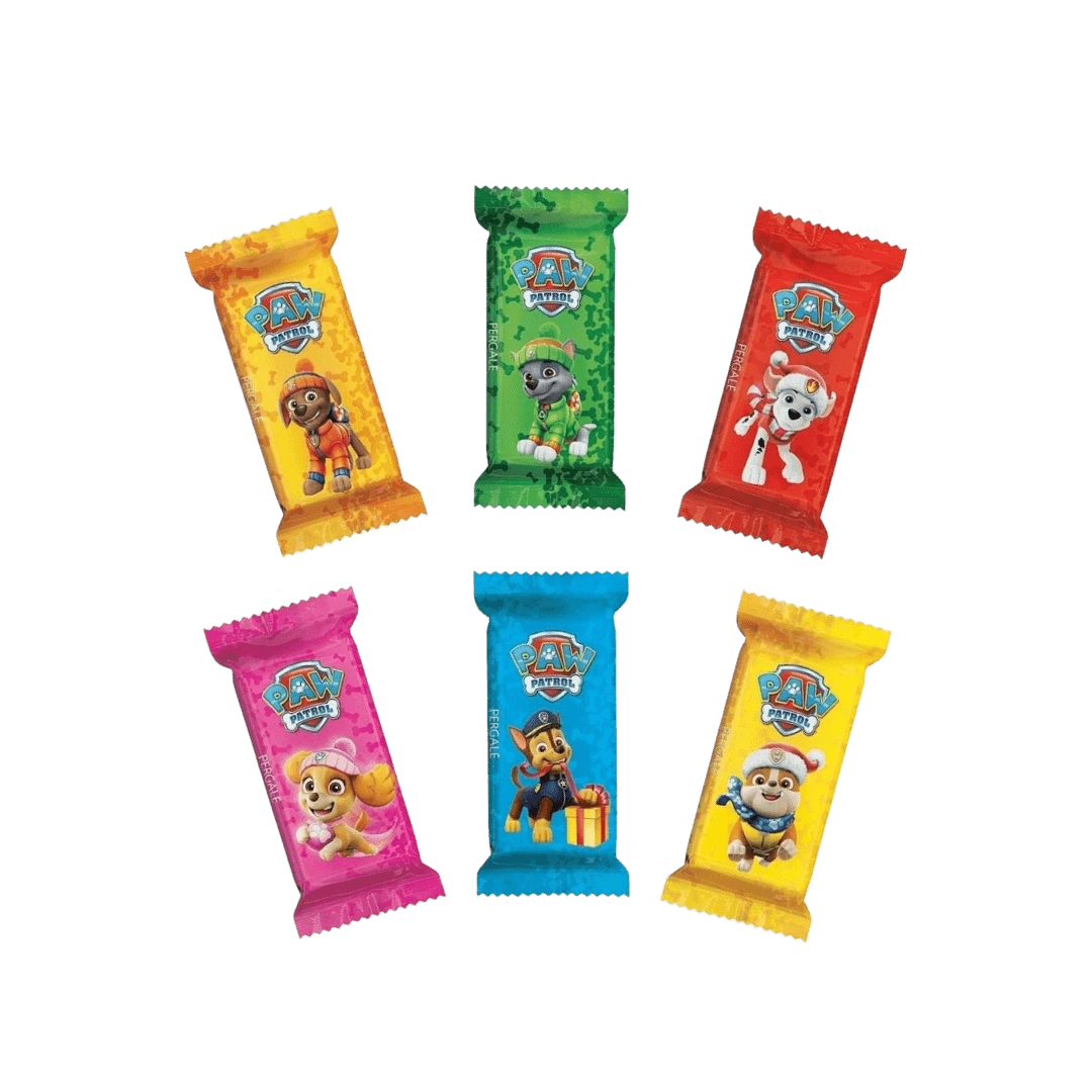 „Pergalė Paw Patrol“ – vafliniai saldainiai su kakavos kremu ir kokosų gabaliukais, žaismingoje „Paw Patrol“ pakuotėje.