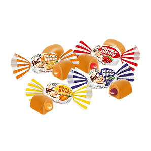 ROSHEN vaisiniai saldainiai „Minky Binky“ su toffi ir želė įdaru (apelsinų, braškių ir mėlynių skonių)