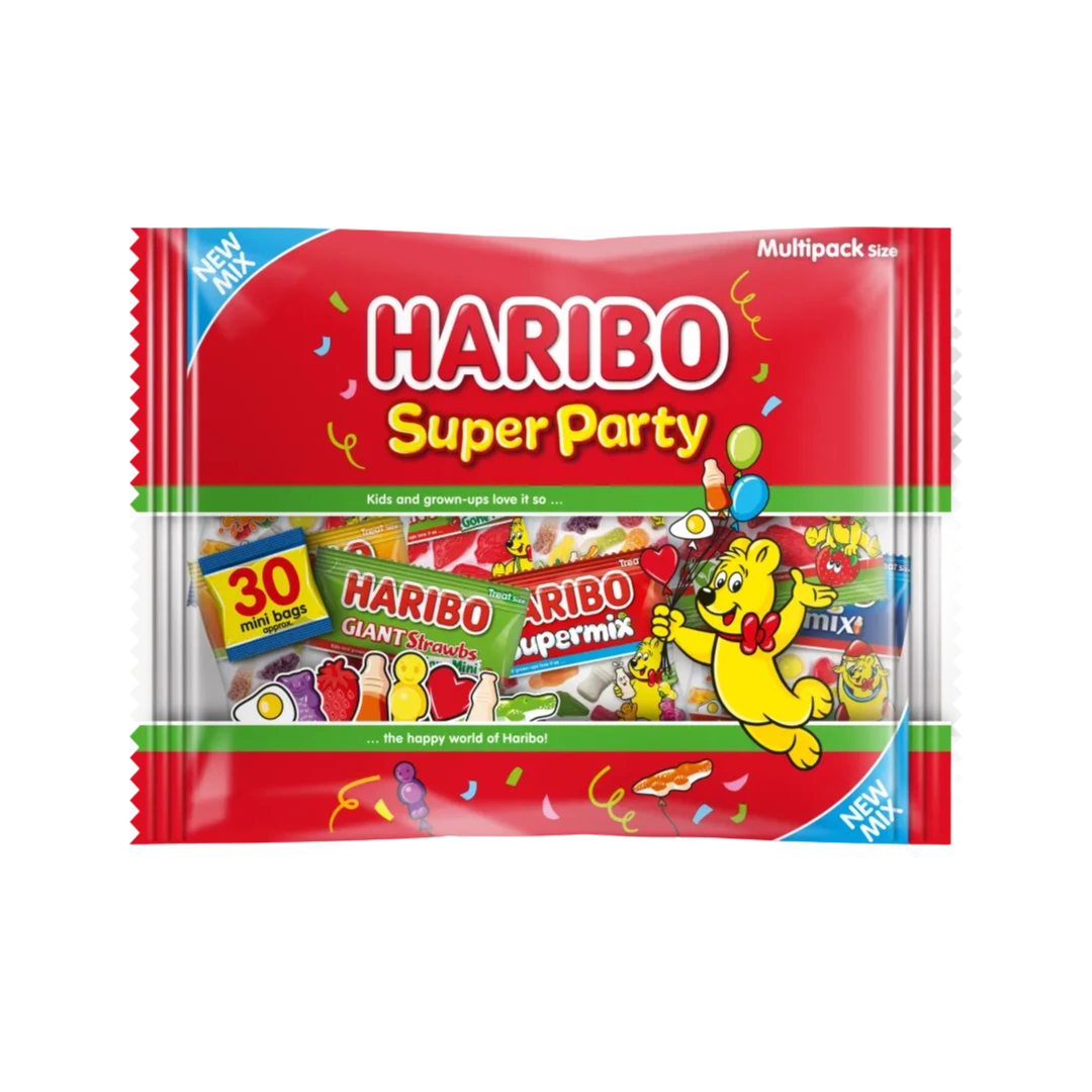 „Haribo Super Party“ – vaisinių guminukų rinkinys su 30 mini maišelių, įvairių formų ir skonių