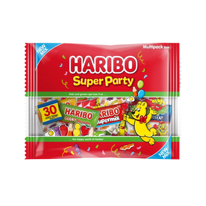 „Haribo Super Party“ – vaisinių guminukų rinkinys su 30 mini maišelių, įvairių formų ir skonių