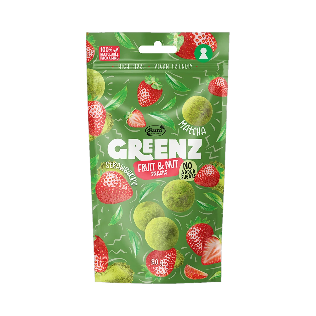 Vaisių ir riešutų užkandžiai su Matcha ir braškėmis GREENZ, RŪTA, 80 g