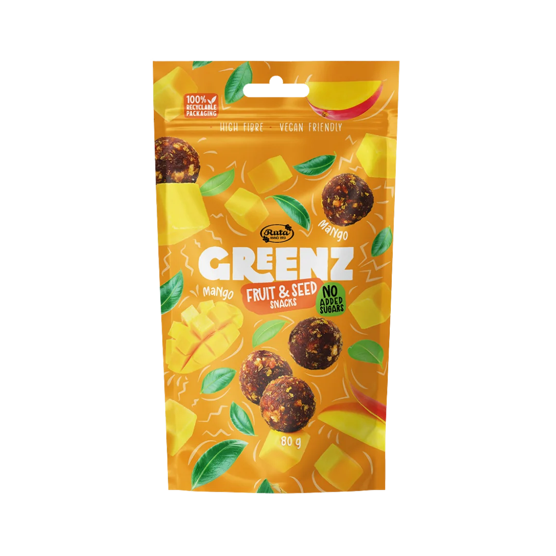 Vaisių ir sėklų užkandžiai su mangais GREENZ MANGO, RŪTA, 80 g