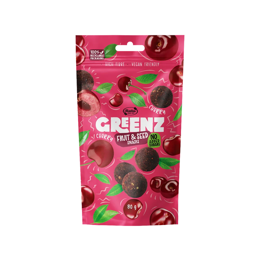 Vaisių ir sėklų užkandžiai su vyšniomis GREENZ CHERRY, RŪTA, 80 g