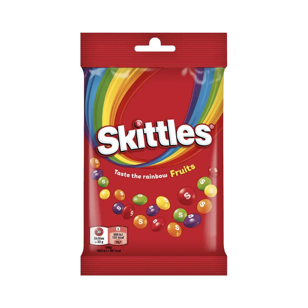 Skittles Fruit – vaisių skonio kramtomieji saldainiai traškiame cukraus glajuje, 95 g pakuotė.
