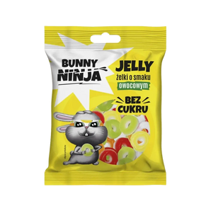 „Fruit Jelly Wheels“ – vaisių skonio želė saldainiai be cukraus, 75 g pakuotė, Bunny Ninja prekės ženklas.