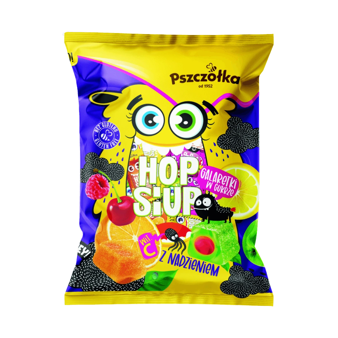 „HOP SIUP“ – įvairių vaisių skonio želė saldainiai su įdaru ir vitaminu C, 1 kg pakuotė.