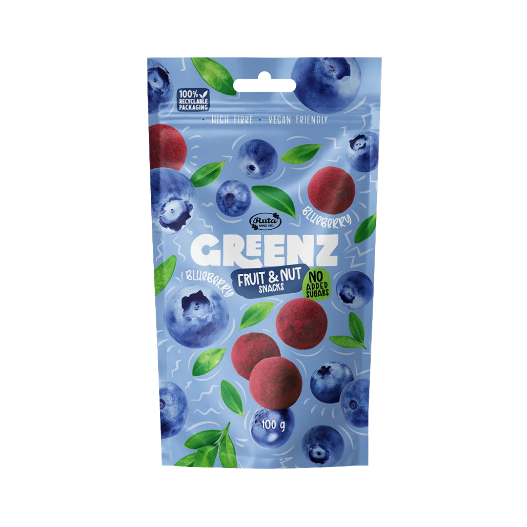 Vaisių ir riešutų užkandžiai su mėlynėmis GREENZ BLUEBERRY, RŪTA, 100 g