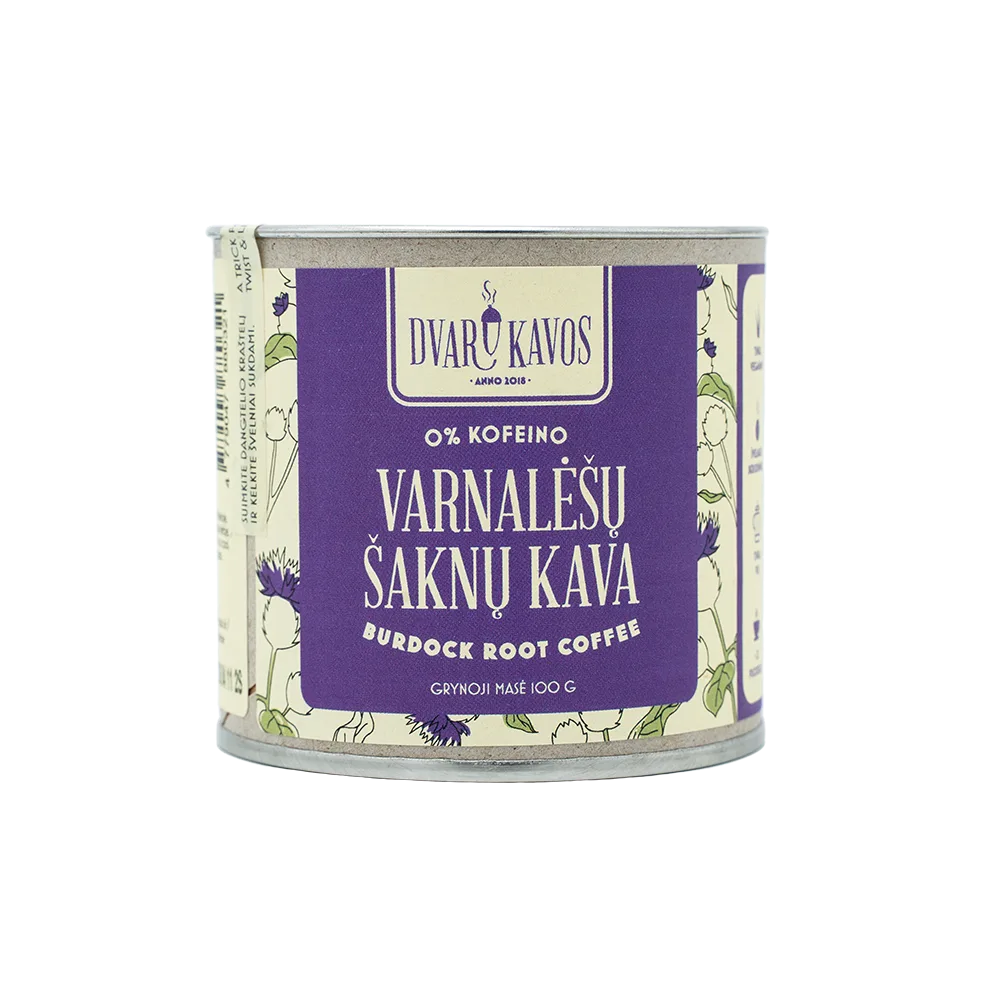 „Varnalėšų šaknų kava“ – natūrali, žemiško skonio bekofeinė kava iš skrudintų varnalėšų šaknų.