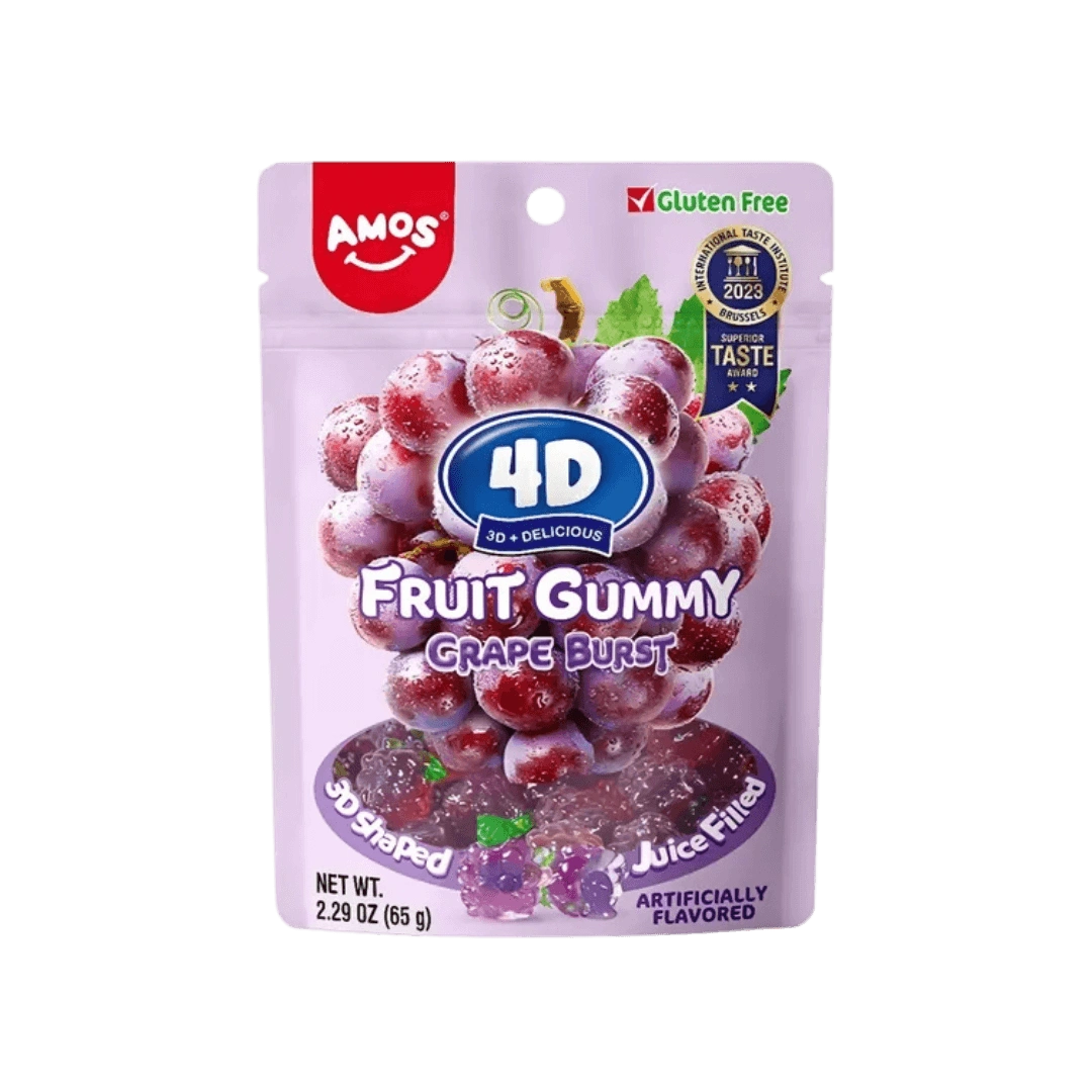 Amos 4D Fruit Gummy Grape Burst“ – vynuogių skonio 4D formos guminukai, 65 g pakuotė.