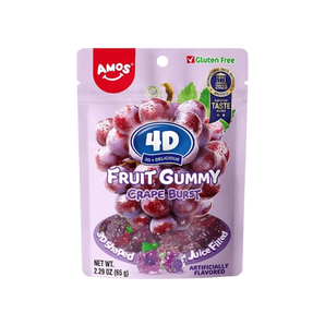 Amos 4D Fruit Gummy Grape Burst“ – vynuogių skonio 4D formos guminukai, 65 g pakuotė.