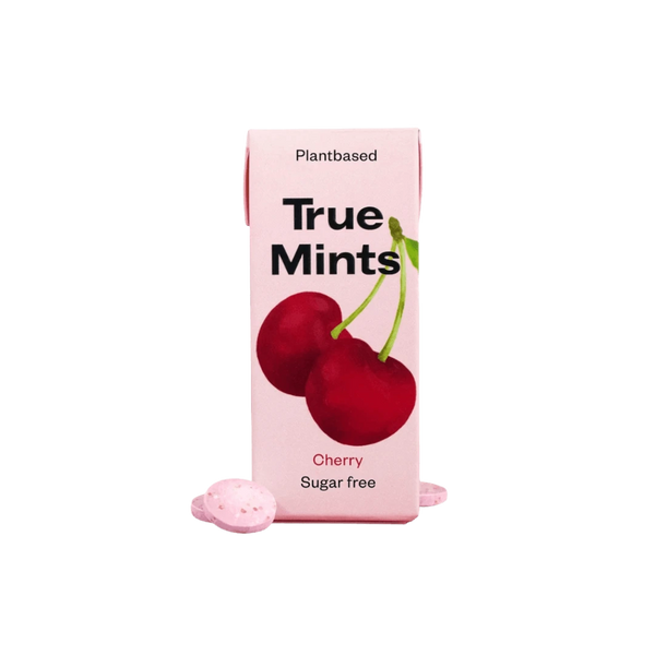 „TRUE MINTS“ vyšnių skonio pastilės be cukraus, veganiškos, kompostuojamoje pakuotėje