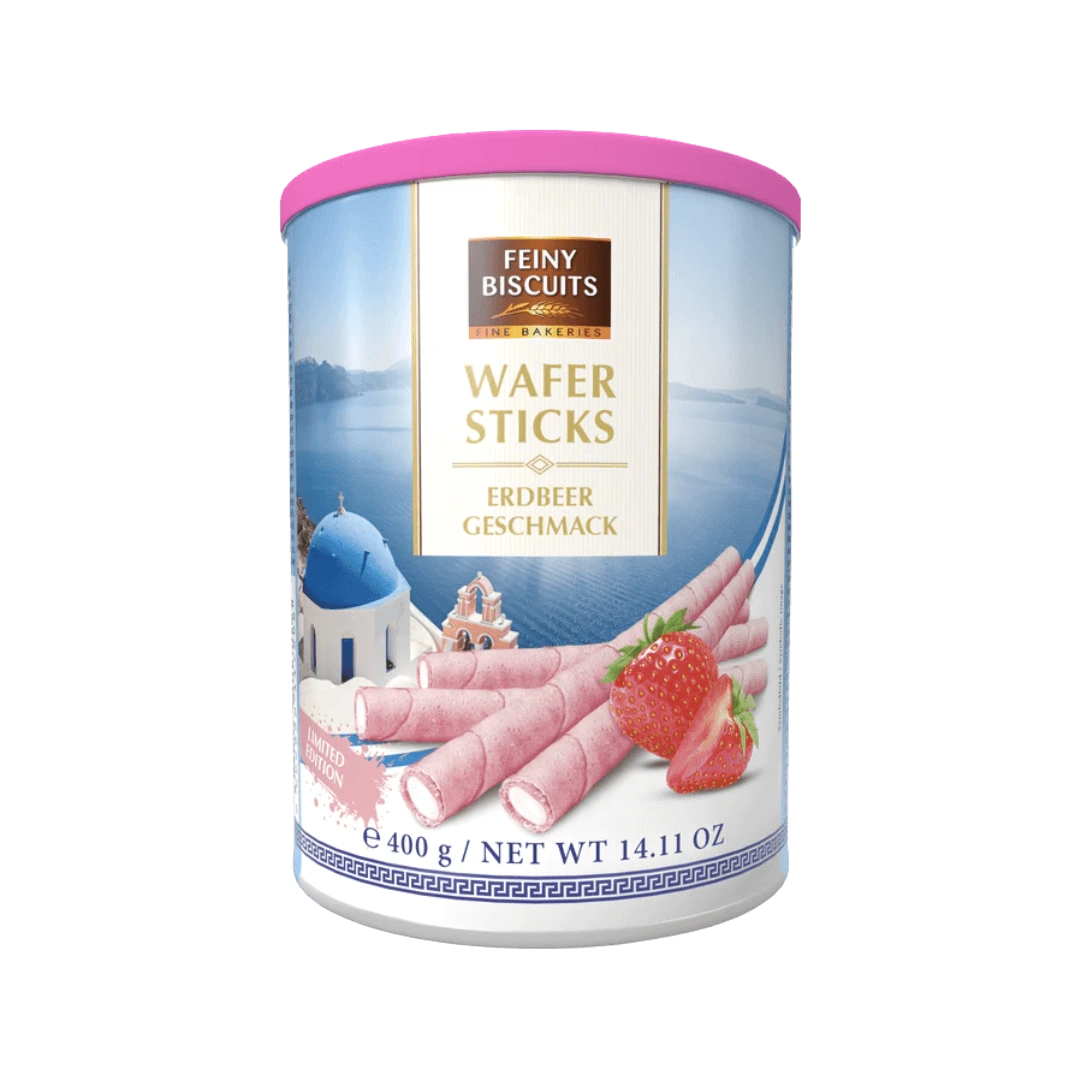 Vafliniai vamzdeliai su braškiniu kremu WAFER STICKS, FEINY BISCUITS, 400 g