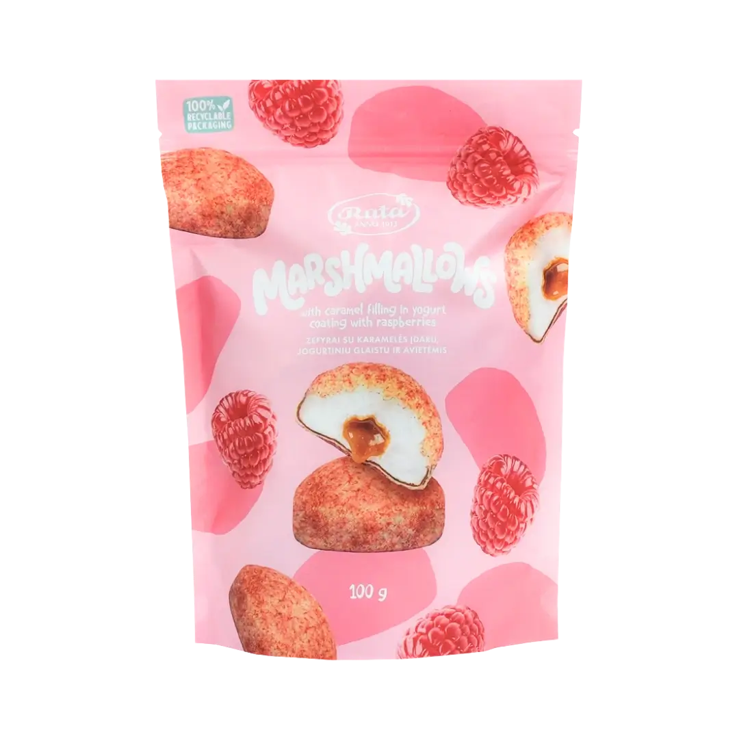 Zefyrai su karamelės įdaru, jogurtiniu glaistu ir avietėmis, RŪTA, 100 g