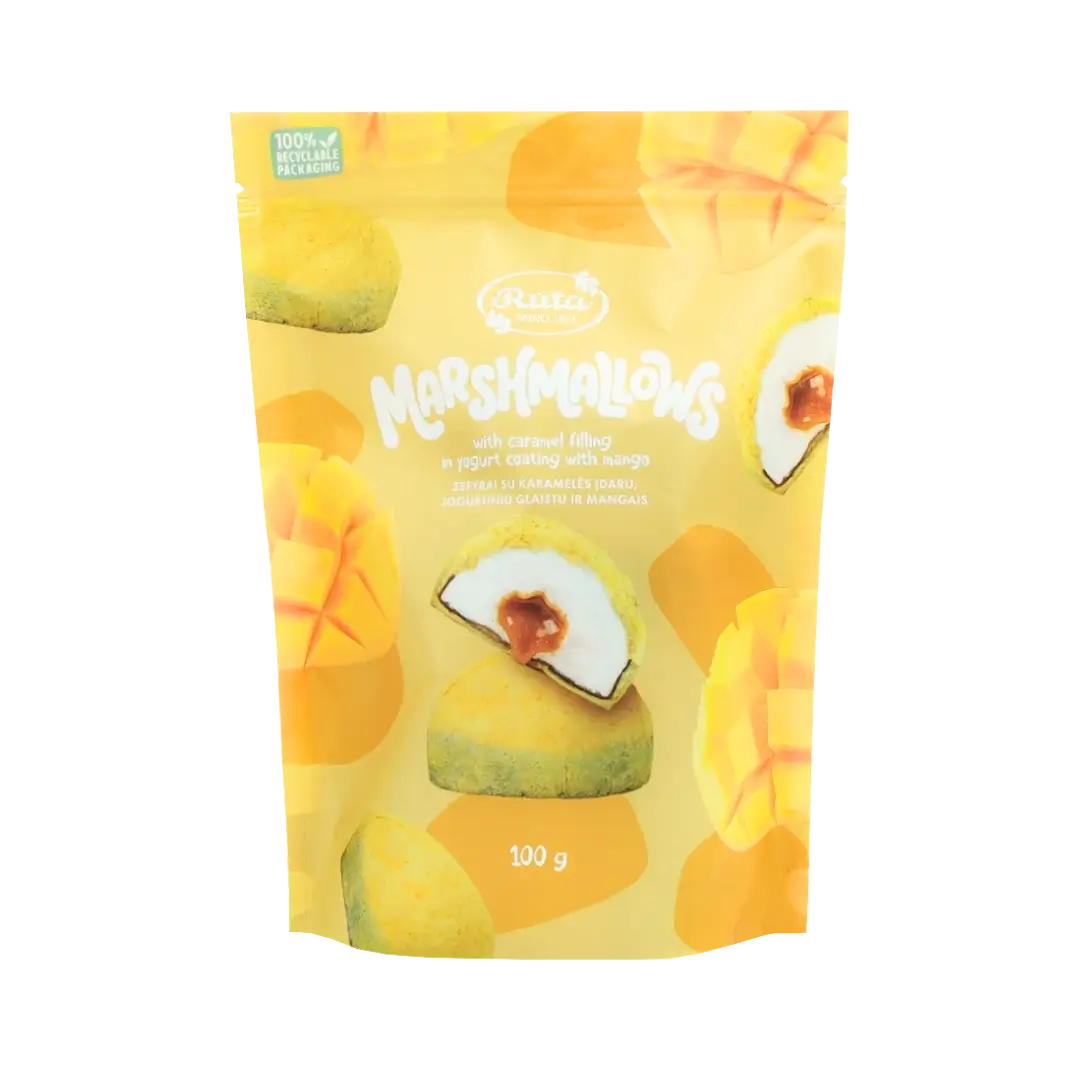Zefyrai su karamelės įdaru, jogurtiniu glaistu ir mangais, RŪTA, 100 g