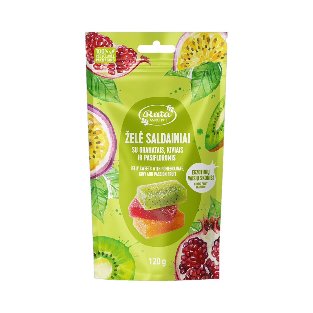 Želė saldainiai su granatais, kiviais ir pasifloromis, RŪTA, 120 g