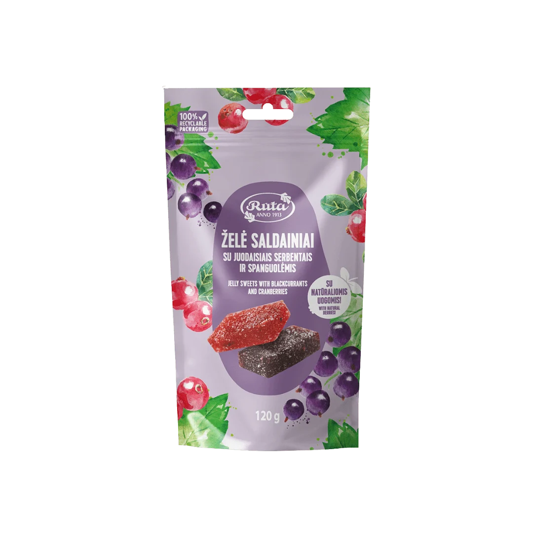 Želė saldainiai su juodaisiais serbentais ir spanguolėmis, 120 g