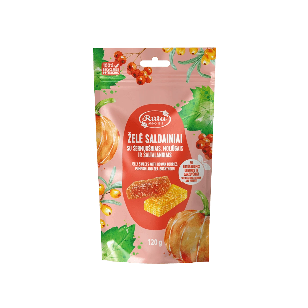 „Želė saldainiai su šermukšniais, moliūgais ir šaltalankiais“ – natūralaus skonio pektinu tirštinti saldainiai su uogomis ir daržovėmis, 120 g, užspaudžiama pakuotė.