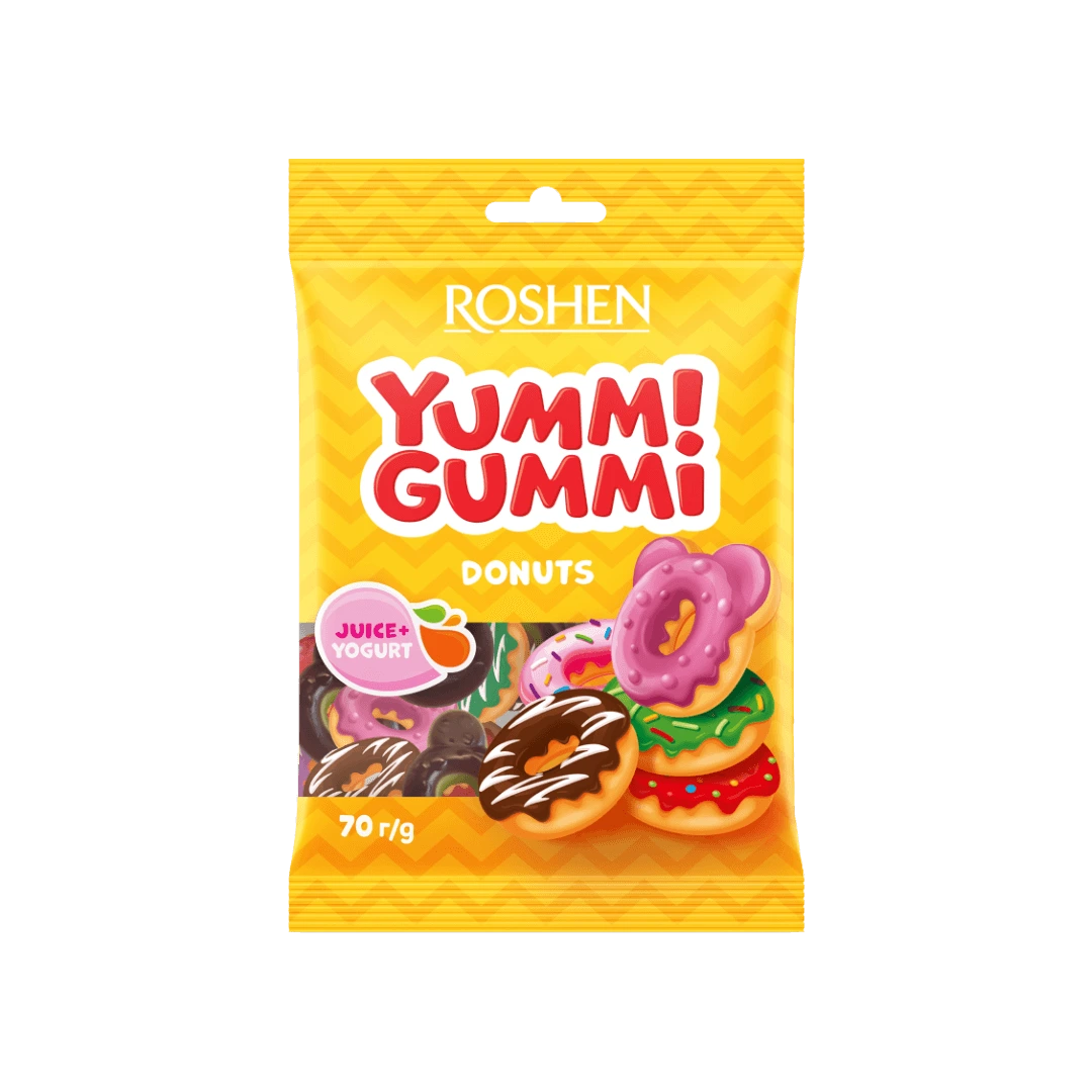 „YummI Gummi Donuts“ – spalvingi želiniai saldainiai spurgų formos, 70 g pakuotė.